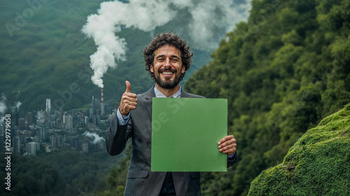 un homme d'affaires tient une pancarte verte pour faire croire à une entreprise écologique alors qu'on voit une usine polluante en arrière-plan photo