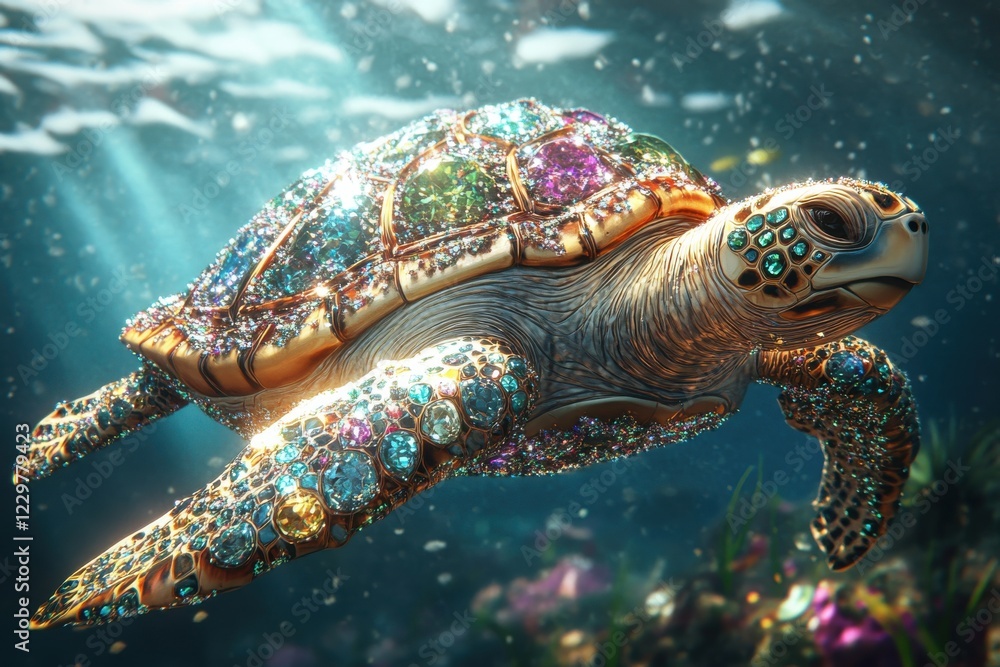 Obraz premium Majestic gem-encrusted turtle swims underwater in an enchanted ocean fantasy art vibrant marine life close-up view
