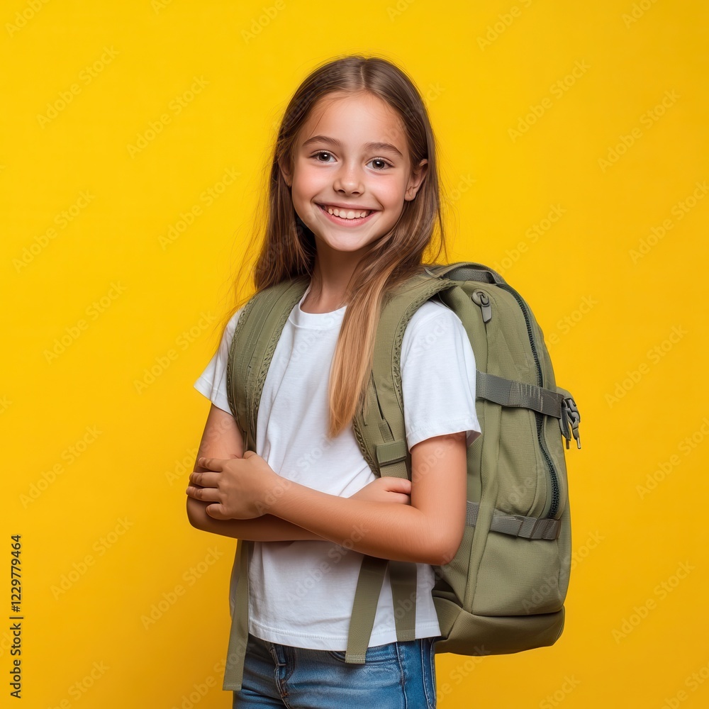 Smiling schoolgirl poses confidently with backpack against a vibrant yellow backdrop in a cheerful studio setting. Generative AI Smiling schoolgirl poses confidently with backpack against a vibrant yellow backdrop in a cheerful studio setting. Generative AI