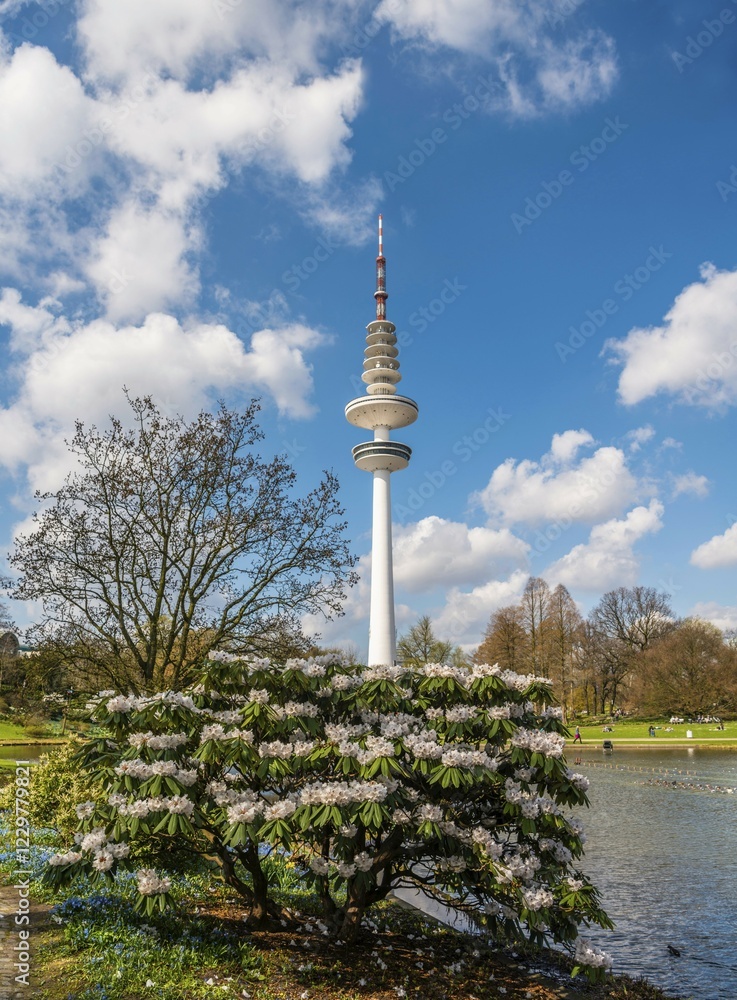 Fototapeta premium Lake Parksee, Planten un Blomen, at back the Hamburger television tower, Heinrich-Hertz-Turm, Tele-Michel, Telemichel, Hamburg, Germany, Europe