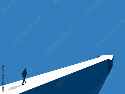 Path to business goal, businessman walking on the cliff with arrows pointing in the direction of success