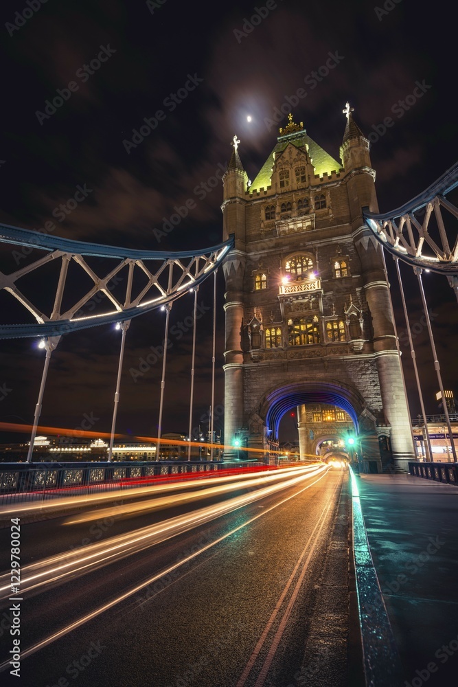 Obraz premium Light trails on the Tower Bridge, night shot, Southwark, London, England, United Kingdom, Europe