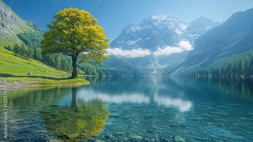 Fototapeta premium Serene mountain lake with tree reflection. (1)