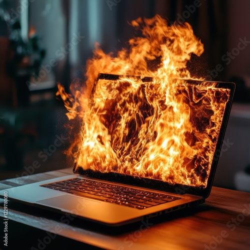 Laptop with Flames Erupting from Screen in Dark Environment