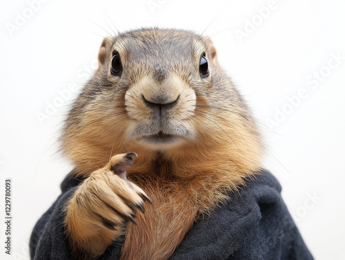 ..A close-up portrait photograph of a groundhog showing its paw with one finger raised, against a white background.
