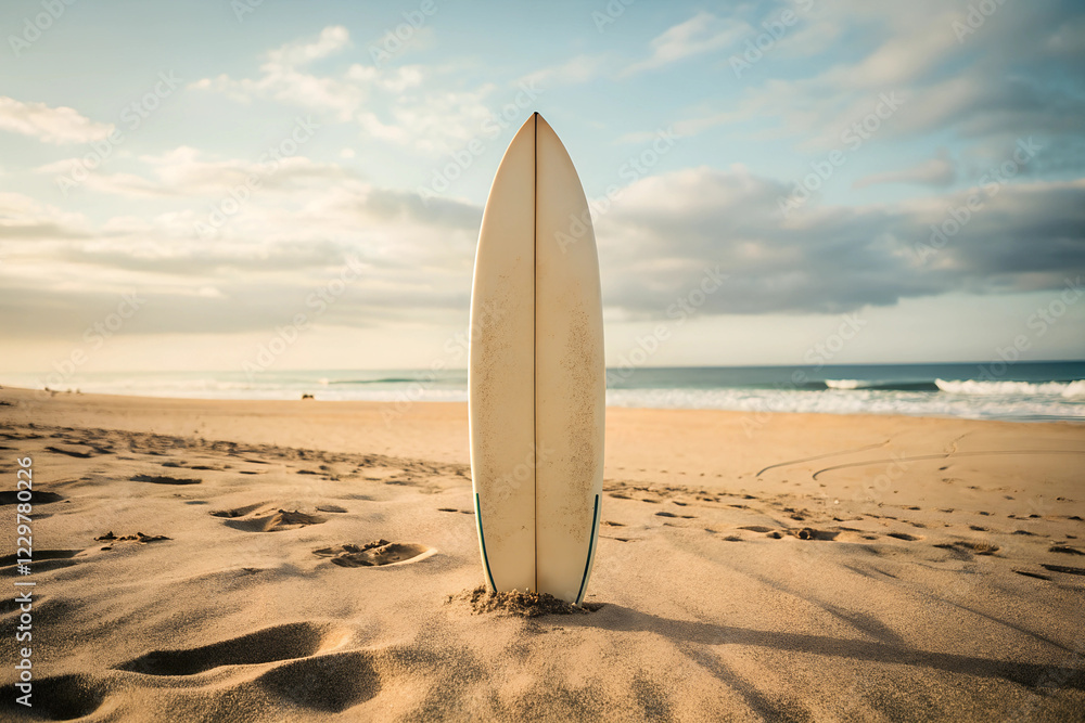 Surfboard Stands Tall in the Sand Against a Backdrop of Ocean Waves and Cloudy Sky Surfboard Stands Tall in the Sand Against a Backdrop of Ocean Waves and Cloudy Sky