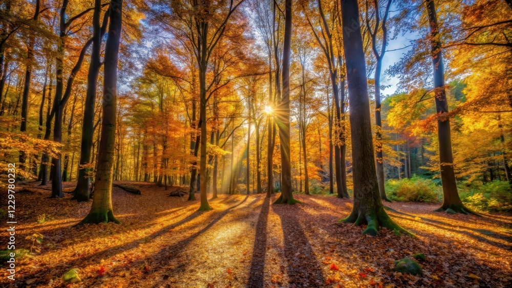 Naklejka premium Muted light filters through trees in a serene autumn forest