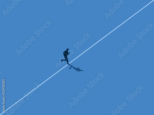 Businessman running firmly and balanced on rope, clear and focused on his path. Vector