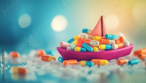 Colorful Capsules Voyage: A Miniature Boat Filled with Medicine Sails on a Crystal Sea photo