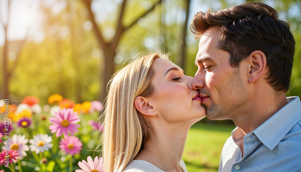 Couple kissing joyfully in a vibrant flower garden Couple kissing joyfully in a vibrant flower garden