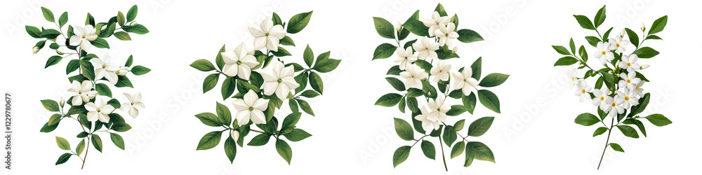 Naklejka premium Vibrant white flowers blooming on lush green foliage in a tranquil spring garden setting The delicate petals and tender leaves create a serene and elegant botanical composition