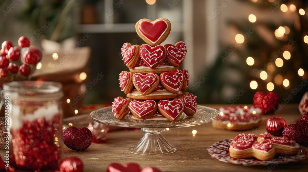 A creative display of heart-shaped Valentine cookies stacked in a jar, surrounded by festive decor A creative display of heart-shaped Valentine cookies stacked in a jar, surrounded by festive decor