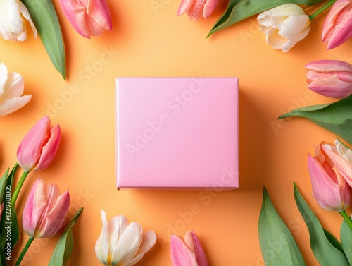 Wallpaper Mural Pink present box surrounded by blooming tulips. Pastel gift box for Easter day. Torontodigital.ca