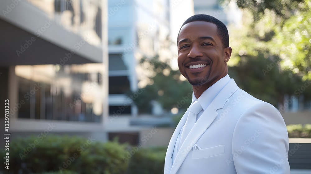 Fototapeta premium Smiling African American Businessman in Elegant White Suit Outdoors