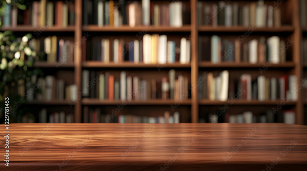 wooden table with warm, smooth surface in front of blurred bookshelf filled with books creates cozy atmosphere for reading and study wooden table with warm, smooth surface in front of blurred bookshelf filled with books creates cozy atmosphere for reading and study