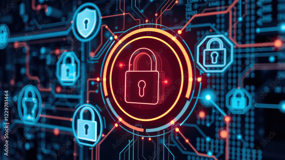 Digital lock symbol on circuit board background representing online security and banking. image conveys sense of protection and technology Digital lock symbol on circuit board background representing online security and banking. image conveys sense of protection and technology