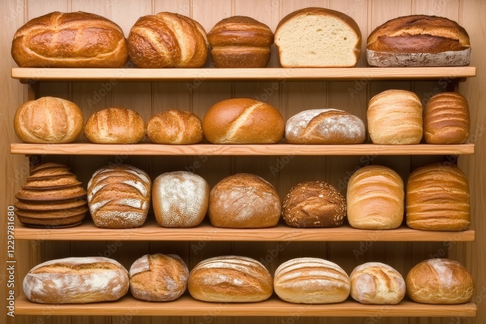 Variety of Freshly Baked Artisan Bread on Wooden Shelves Variety of Freshly Baked Artisan Bread on Wooden Shelves