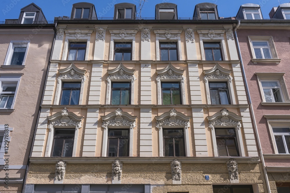 Fototapeta premium Facade with stucco, Giesing, Munich, Upper Bavaria, Bavaria, Germany, Europe