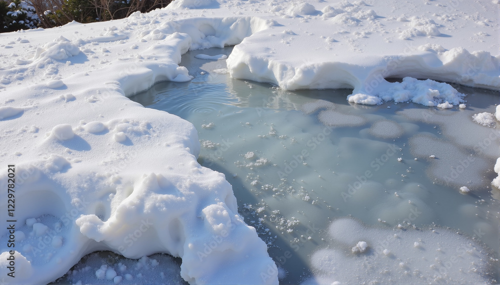 Snow-covered landscape with ice and water pool, Spring Thaw Theme Snow-covered landscape with ice and water pool, Spring Thaw Theme