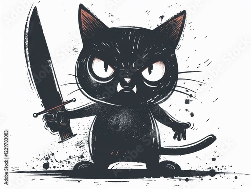 An aggressive-looking black cat wielding a knife with splatter effect, ai generated, AI generated photo