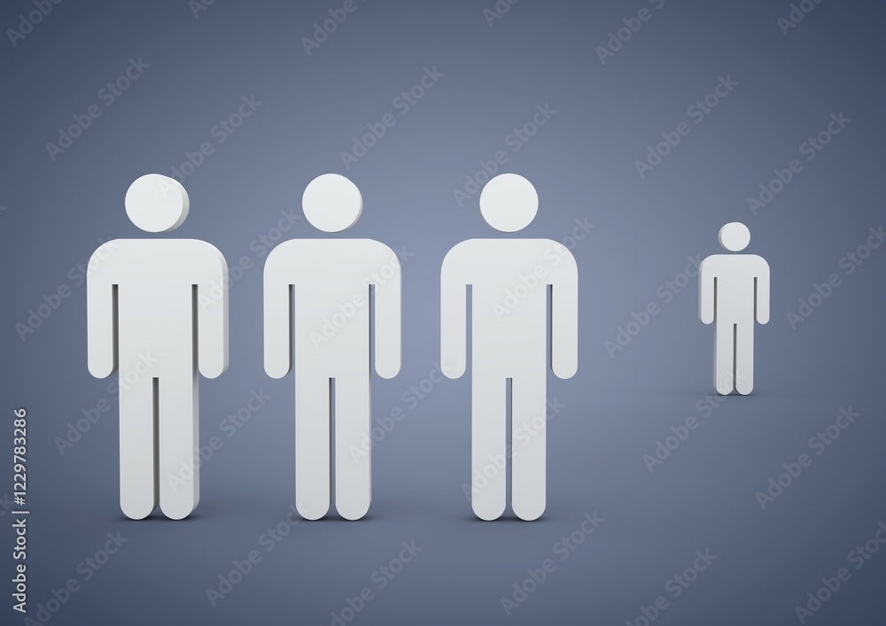 A group of men, one man standing apart, symbolic image for bullying, discrimination, 3D illustration A group of men, one man standing apart, symbolic image for bullying, discrimination, 3D illustration