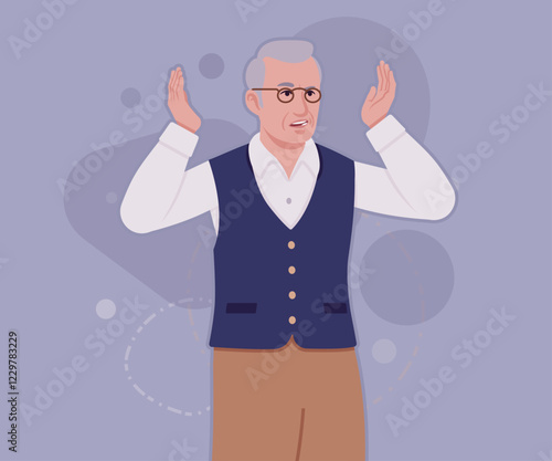 Senior man, classic vest, retro vintage glasses asking pose. University professor, lecturer, old experienced, grey hair, older grandfather. Vector flat style cartoon illustration, creative background