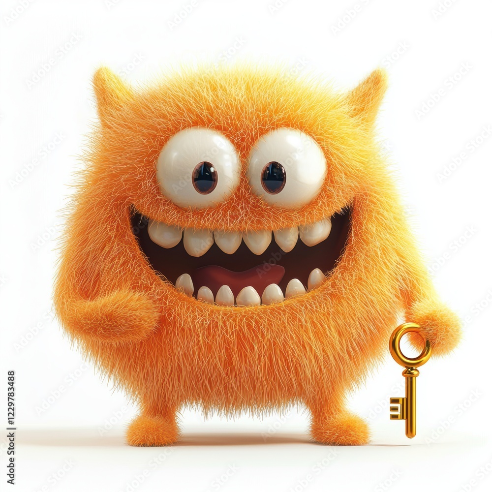 n orange fuzzy monster with a wide smile, holding a shiny golden key, isolated on a bright white background n orange fuzzy monster with a wide smile, holding a shiny golden key, isolated on a bright white background