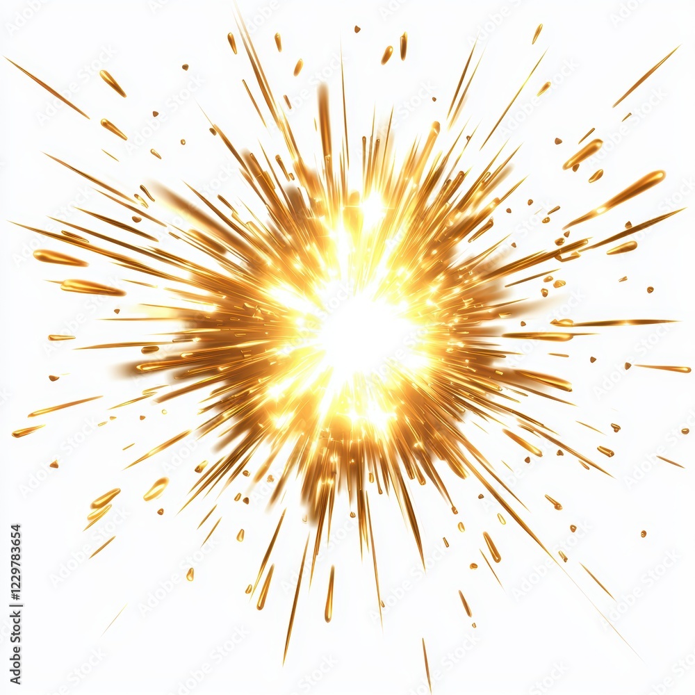 Fototapeta premium of bright golden sparks flying outward in a dynamic motion, isolated on a clean white background