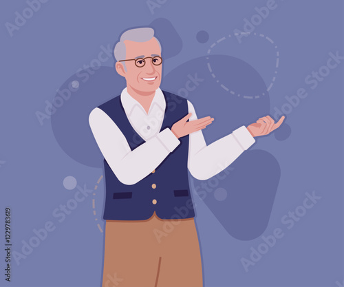 Senior man in classic vest, retro vintage glasses, speaker. University professor, lecturer, old experienced, grey hair, older grandfather. Vector flat style cartoon illustration, creative background