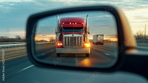 Driver checks mirrors while on the highway at sunset to ensure safe lane changes