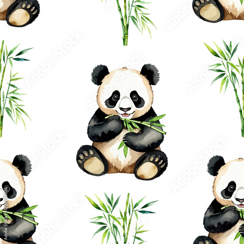 Panda bear seamless pattern on white background with bamboo leaves. Endless repeating background, panda print for wrapping paper, fabric, wallpaper, backdrop. Hand drawn watercolor vector design.
