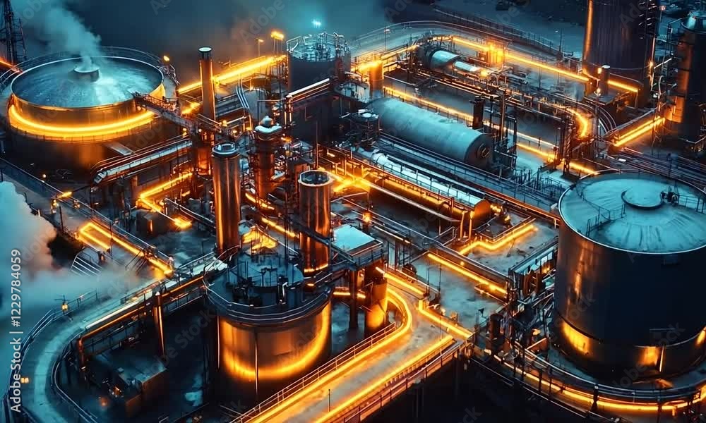 Glowing Bio Reactors Processing Vibrant Wastewater in Futuristic Factory Landscape