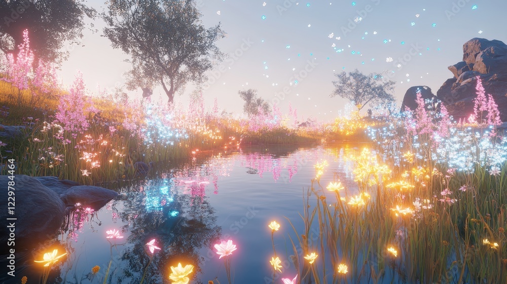 Fototapeta premium Serene Lake Surrounded by Glowing Flowers and Holographic Elements