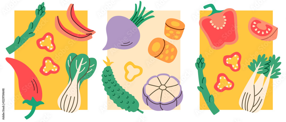 Flat illustration of assorted vegetables including chili, beet, cucumber, garlic, fennel, bell pepper, arranged in decorative cards, perfect for healthy eating, cooking projects, fresh food designs Flat illustration of assorted vegetables including chili, beet, cucumber, garlic, fennel, bell pepper, arranged in decorative cards, perfect for healthy eating, cooking projects, fresh food designs