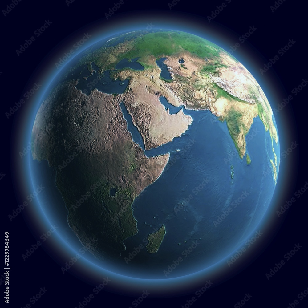 Fototapeta premium 3D Illustration of The Earth African Asian European continents of terrestrial globe Isolated on dark blue background
