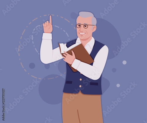 Senior man in classic vest, vintage glasses, reading book. University professor, lecturer, old experienced, grey hair, older grandfather. Vector flat style cartoon illustration, creative background