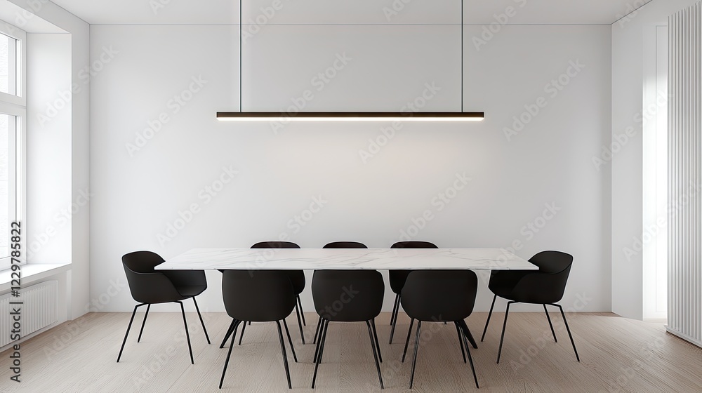 Fototapeta premium A contemporary dining setup featuring sleek black chairs and a white marble table.