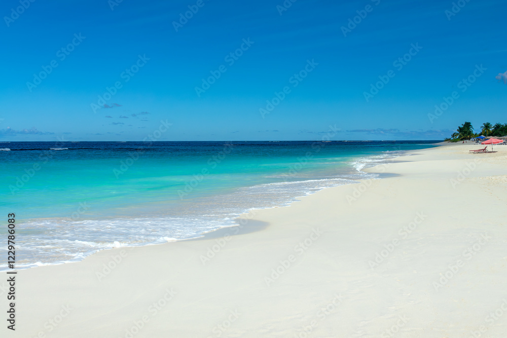 Obraz premium Blue transparent water and perfect white sand in Shoal Bay beach, Caribbean dream landscape in Anguilla island, British West Indies
