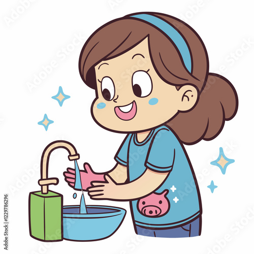 Happy Girl Washing Hands with Soap and Water Hygiene