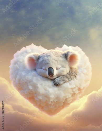 Tranquil scene with a sleeping koala on a white fluffy cloud against a pastel sunset, AI generated photo