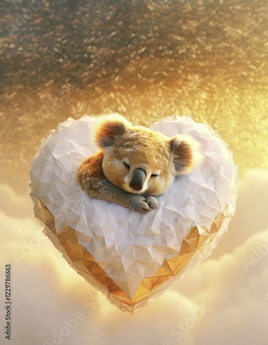 A koala rests on a geometric heart amidst clouds at sunset, radiating a warm, whimsical vibe, AI generated photo