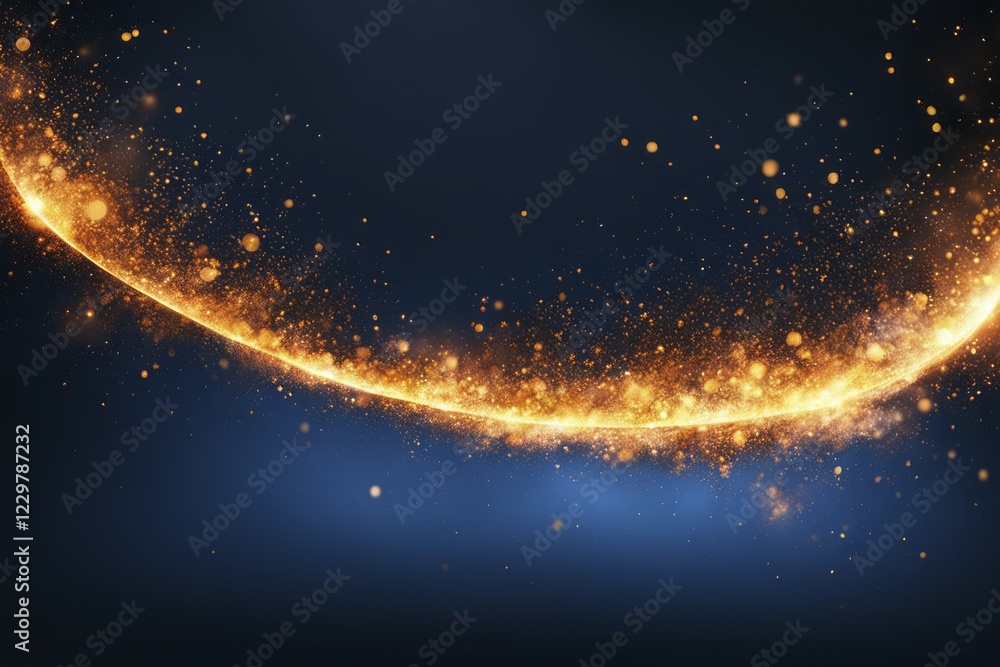 Obraz premium A curved orange glowing light streak with sparkles against a dark blue background, AI generated
