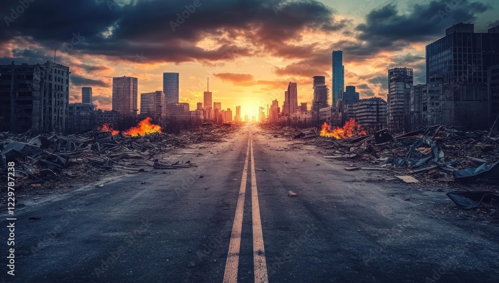 Fototapeta premium Post-Apocalyptic Cityscape: A Desolate Sunset