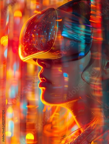 Woman experiencing virtual reality through vr headset in futuristic cyber space