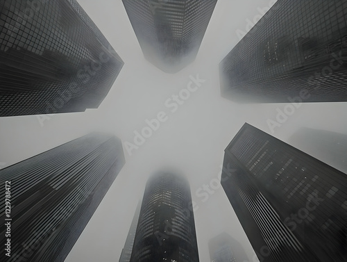 Foggy city skyscrapers, low angle view photo