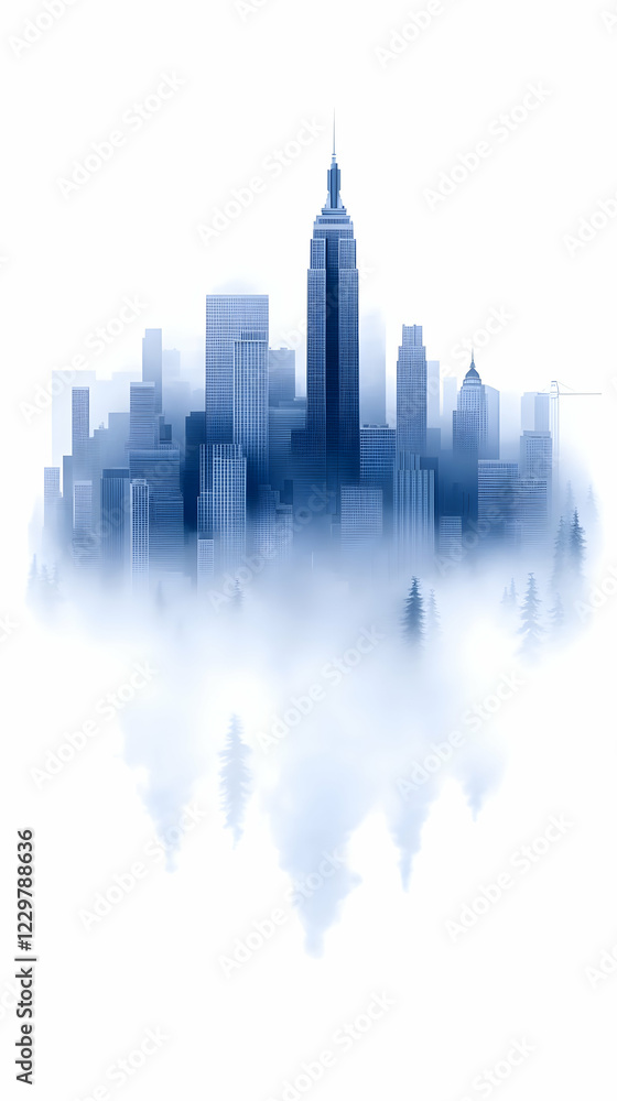 Foggy city skyline, urban landscape, misty background, travel poster Foggy city skyline, urban landscape, misty background, travel poster