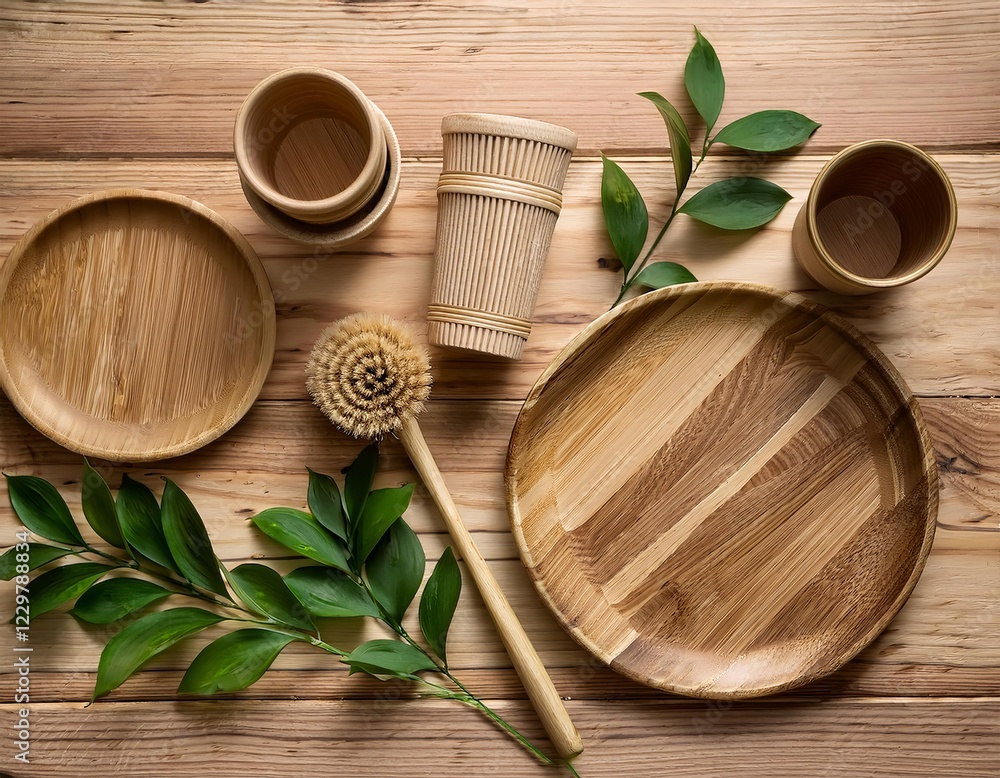 Eco friendly bamboo tableware promoting sustainable living on wooden background Eco friendly bamboo tableware promoting sustainable living on wooden background
