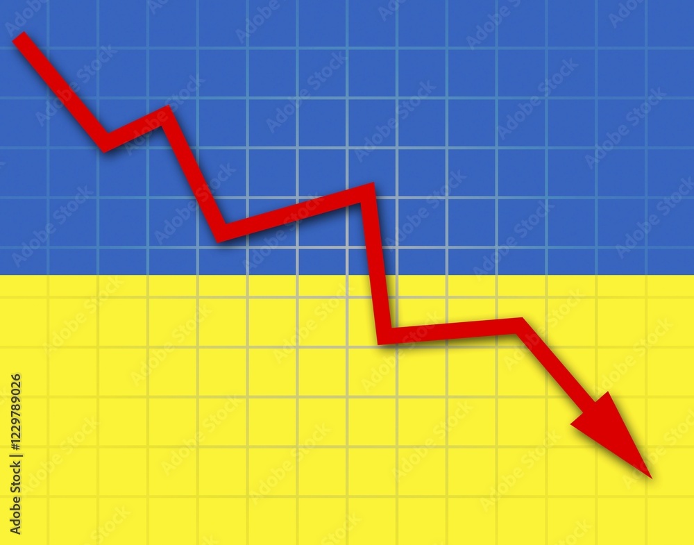 The Ukrainian flag and arrow graph going down The Ukrainian flag and arrow graph going down