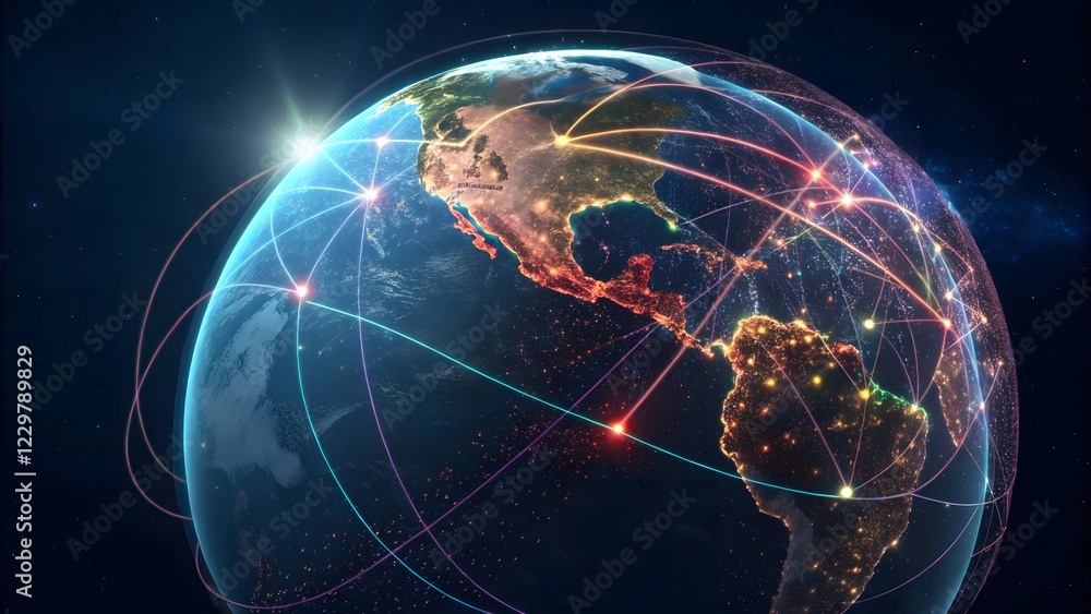 Obraz premium Global Connectivity and Network Visualization Over Earth at Night