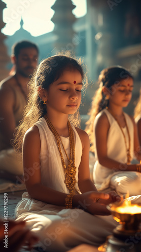 People meditate in sacred temple courtyard, radiating hope and connection to divine prophecy in Sambhal photo